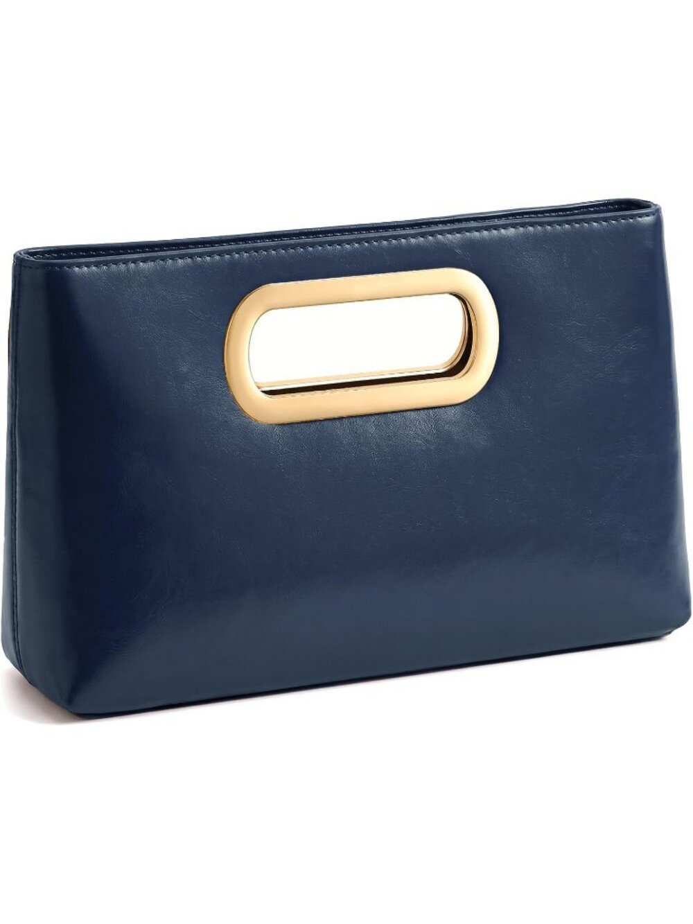 Women Navy Blue Clutch Handbag Modern Faux Leather with Metal Handle Evening Bag